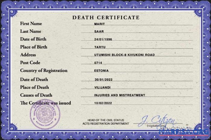 Printable Estonia death certificate PSD template
